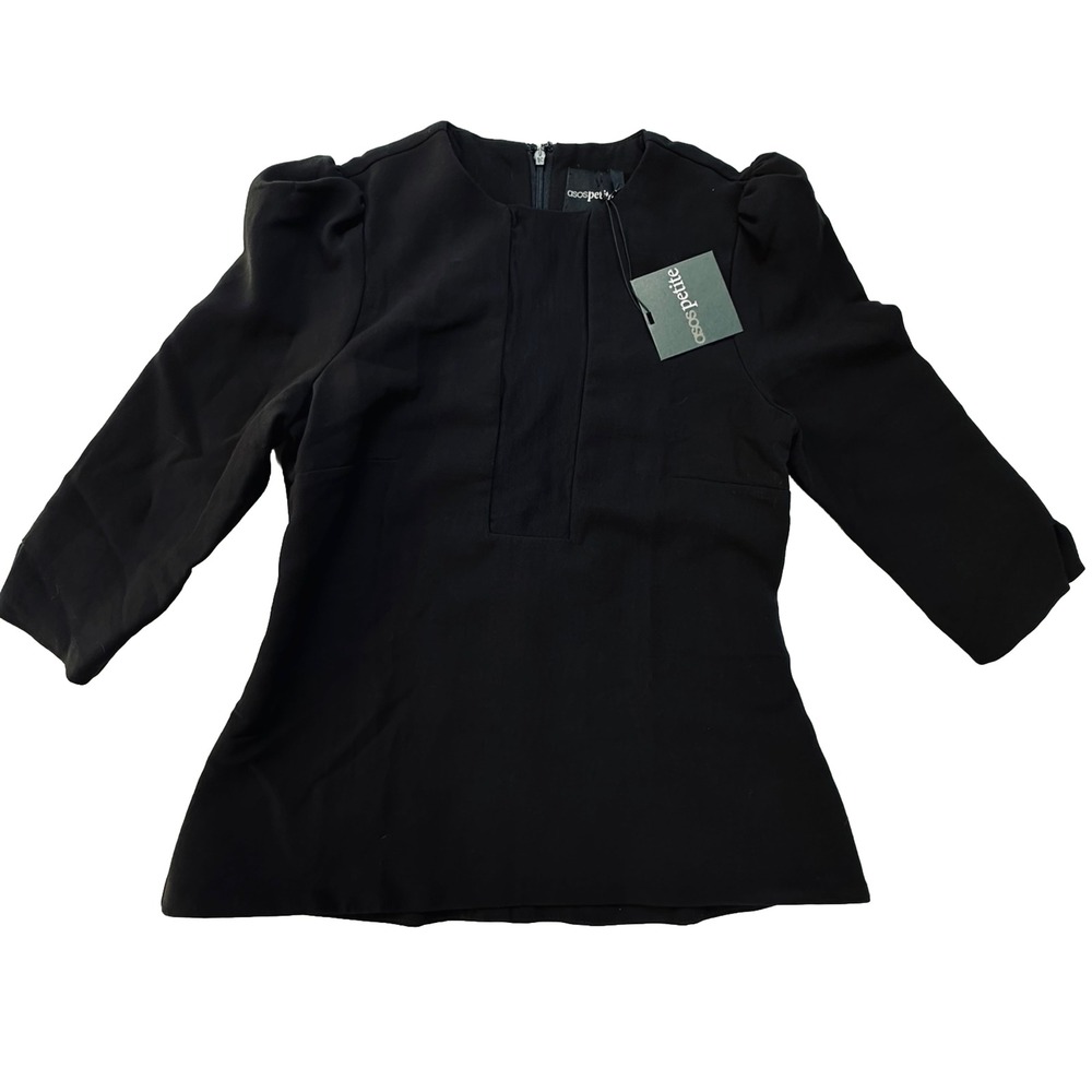 NWT Asos 4P 3/4 Sleeve Back Zip Black Blouse Top Small Puffed Fitted Classic